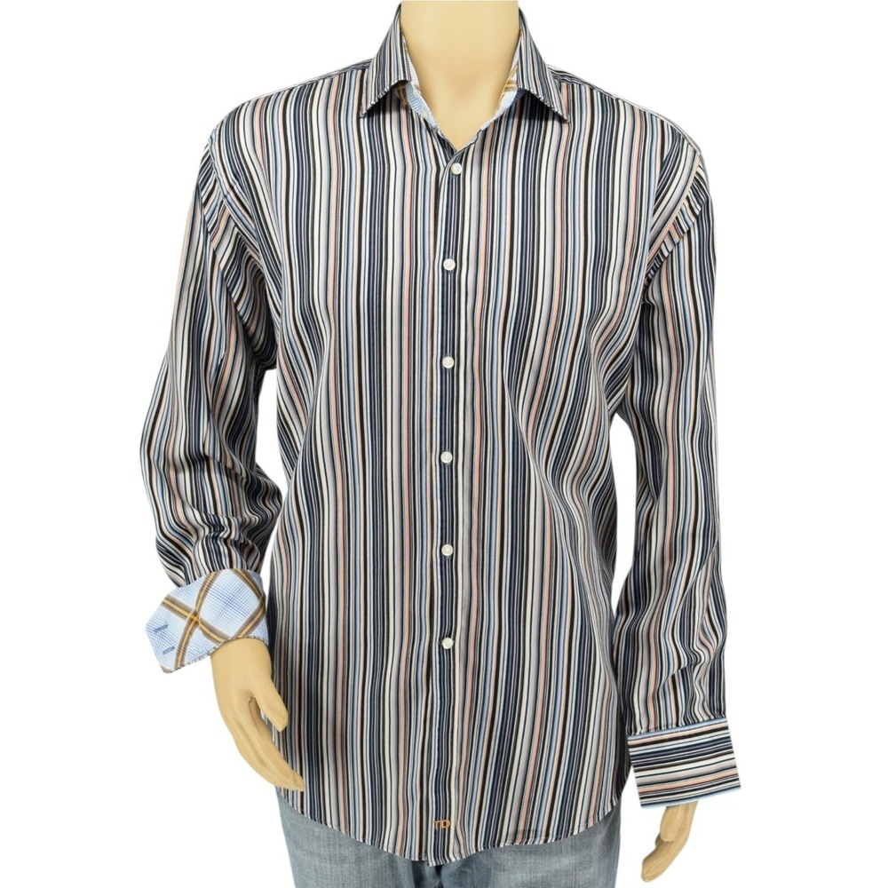 Thomas Dean XL Mens Multi-Striped Contrast Flip Cuff 2-Ply Cotton Sport Shirt